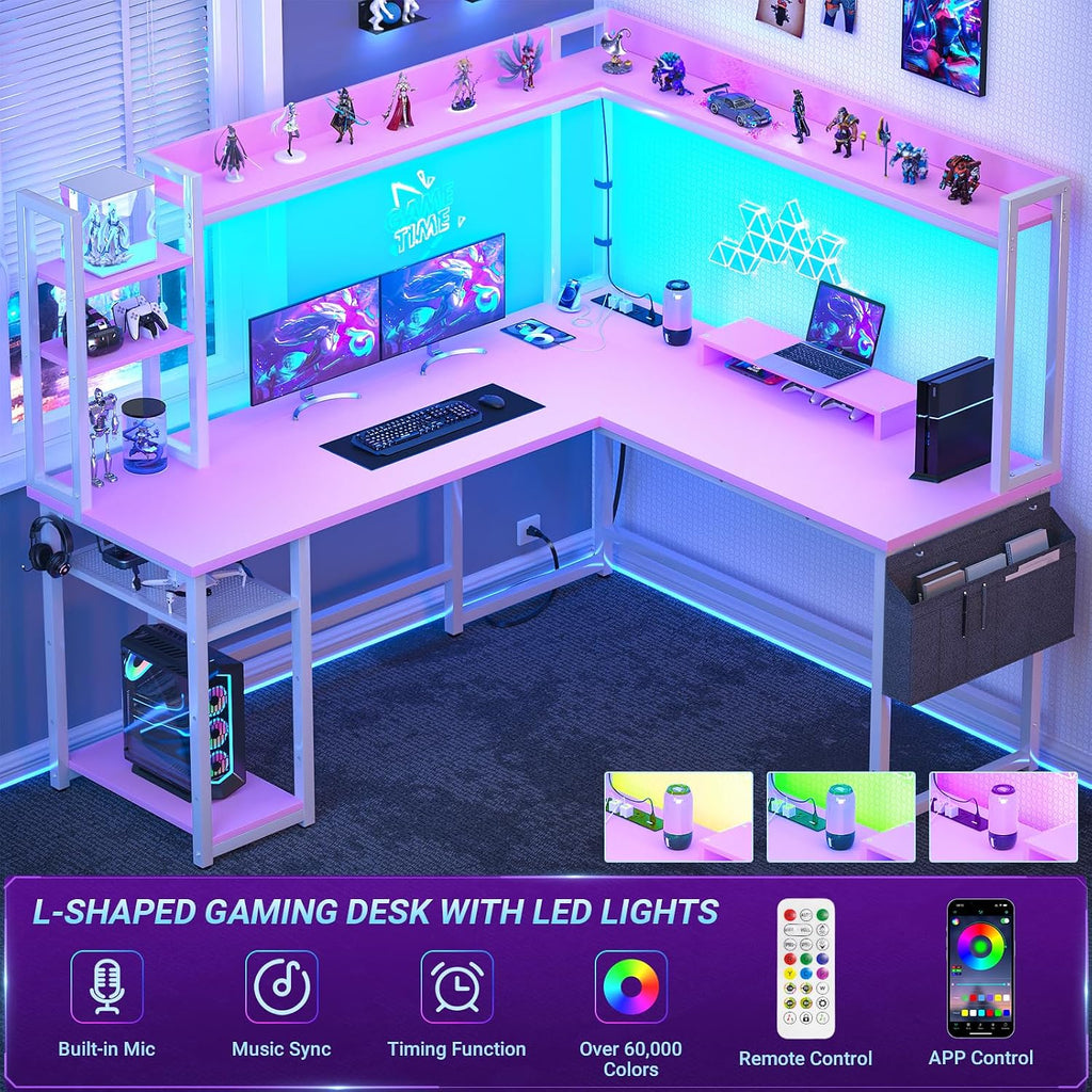 Aheaplus L Shaped Desk with Power Outlet, L Shaped Gaming Desk with Led Light & Hutch, Reversible Home Office Desk, Corner Computer Desk with Monitor Stand & Storage Shelves, Pink