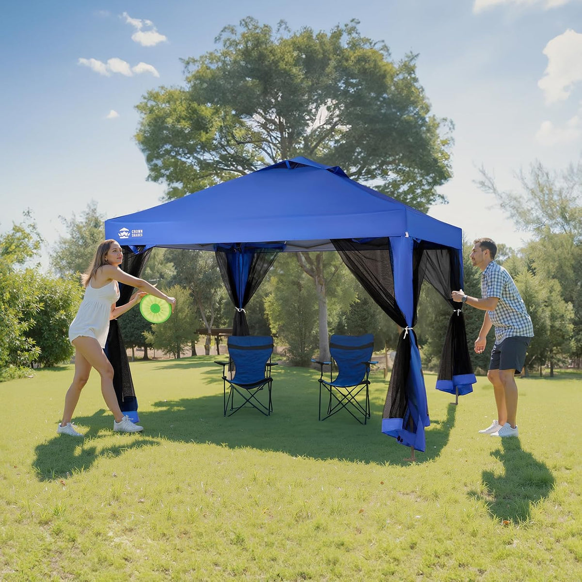 CROWN SHADES Gazebo 10x10 Pop Up Canopy with Mosquito Netting, Screen Tent with 4 Ropes, 8 Stakes, 4 Sandbags and Wheeled Storage Bag, Canopy for Patio & Backyard Parties,Camping&Events -(Blue)