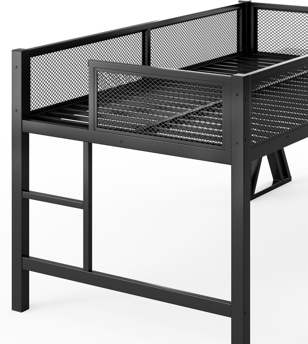 Bellemave Twin XL Loft Bed with Desk, Gaming mid loft Bed with Desk of X-Shaped Leg, LED for Adults, Teens, Kids, Black