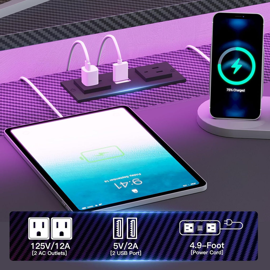SEDETA 79' Gaming Desk, Computer Desk with 2 Fabric Drawers & LED Light, L Shaped Gaming Desk with Storage Shelf for Home Office, Carbon Fiber Black