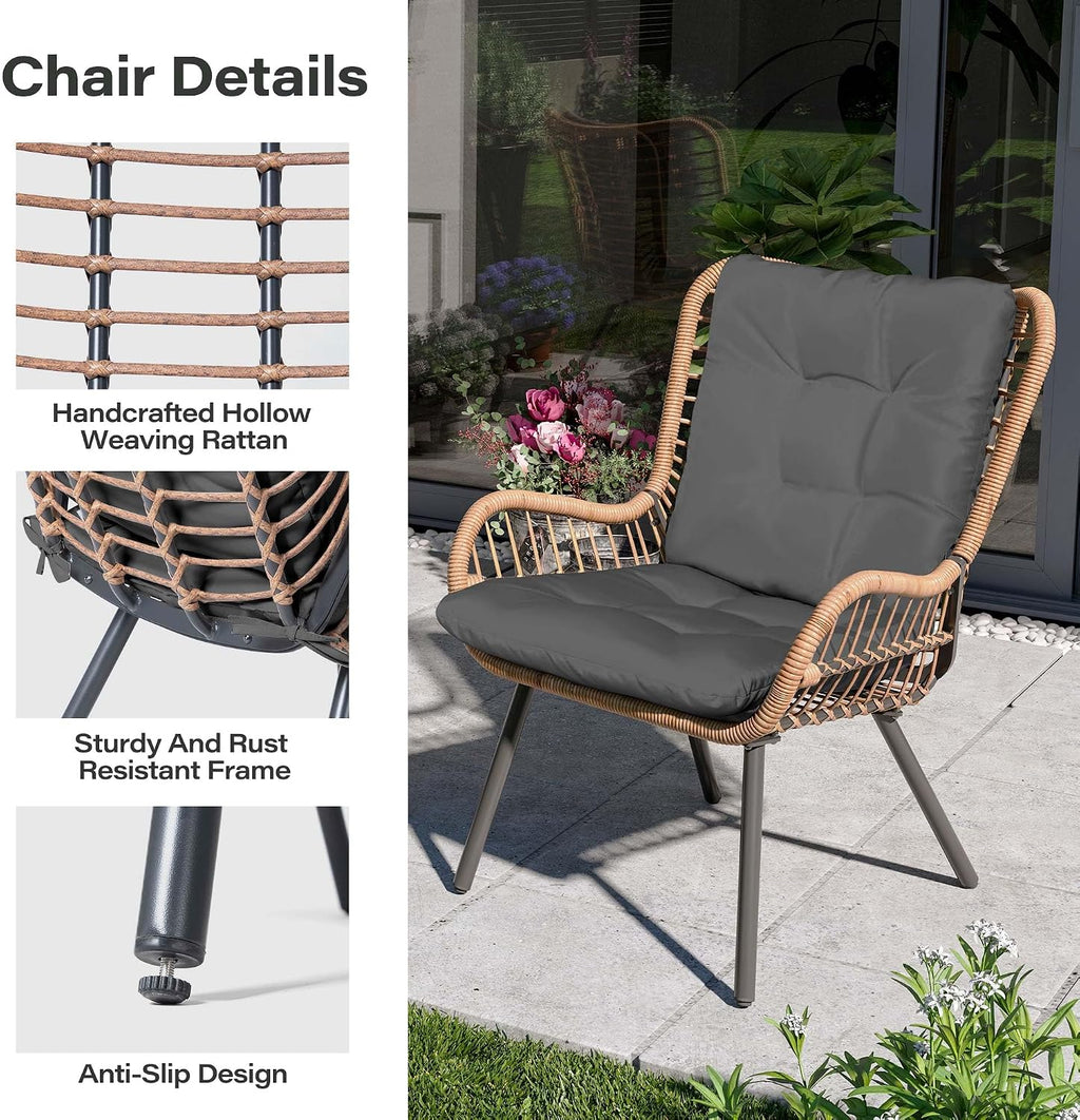 LAUSAINT HOME 3 Piece Outdoor Bistro Set, Small Patio Furniture Set with Coffee Table and Thick Cushions, Front Porch Furniture for Lawn, Garden, Balcony, Poolside, Black