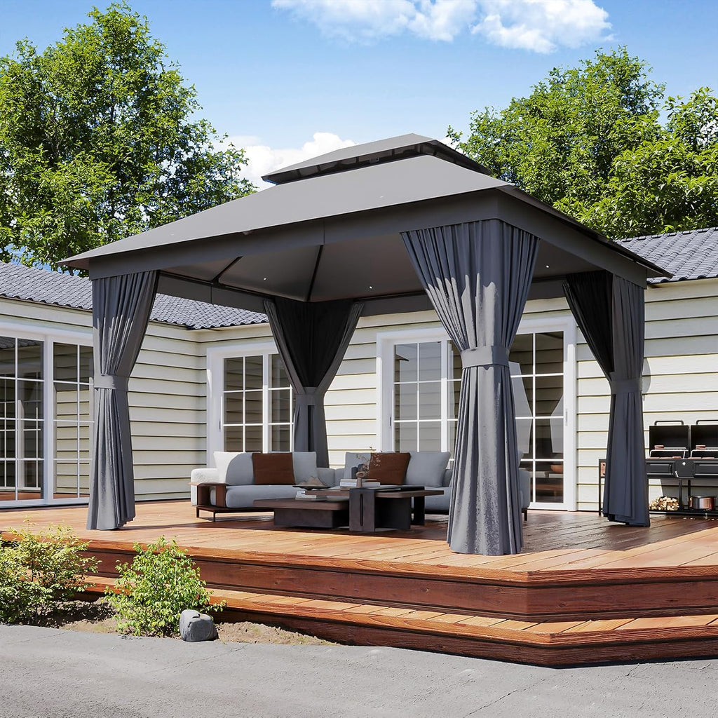 Outdoor Gazebo Metal Frame Patio Pergola Double Roofs Patio Canopy with Double-Layer Door and Mosquito Netting for Deck, Backyard, Lawn (Grey, 10x12FT)