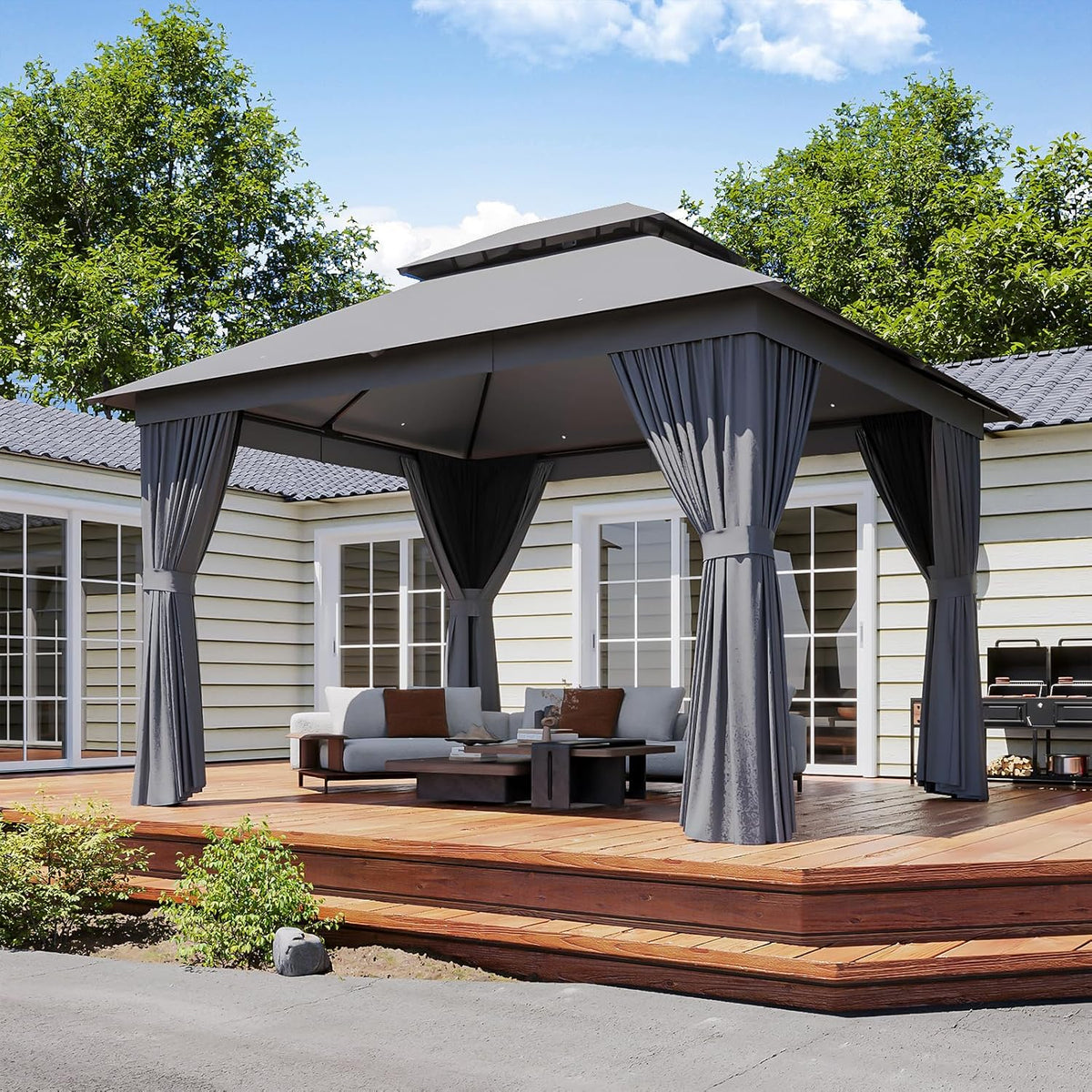 Outdoor Gazebo Metal Frame Patio Pergola Double Roofs Patio Canopy with Double-Layer Door and Mosquito Netting for Deck, Backyard, Lawn (Grey, 10x12FT)