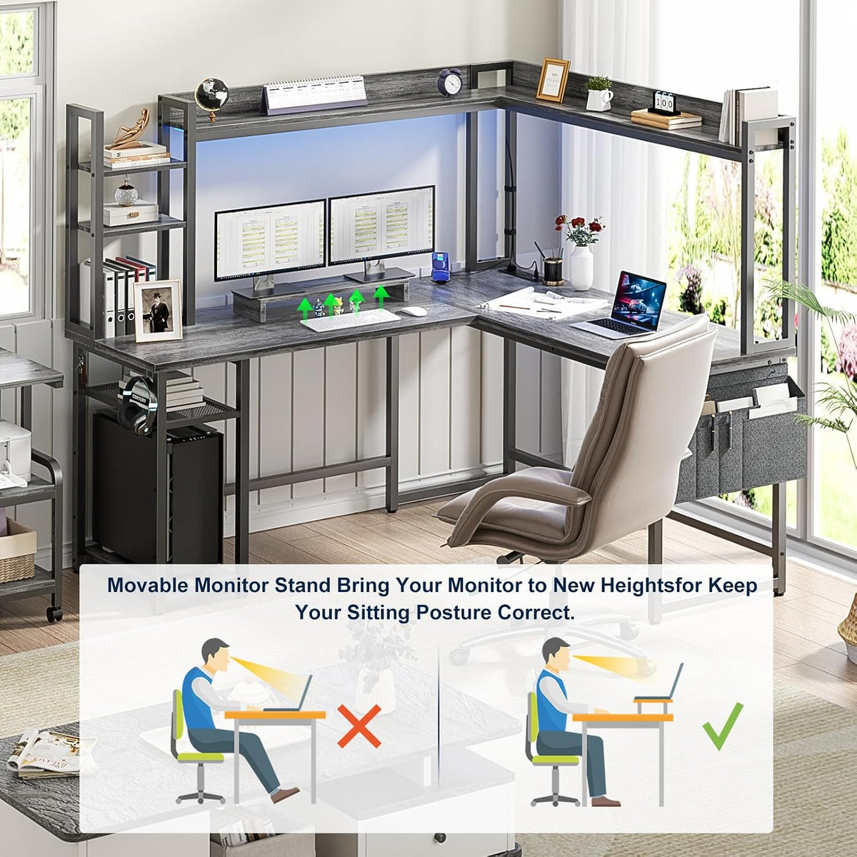 Aheaplus L Shaped Desk with Power Outlet, L Shaped Gaming Desk with Led Light & Hutch, Reversible Home Office Desk, Corner Computer Desk Writing Desk with Monitor Stand & Storage Shelves, Grey Oak