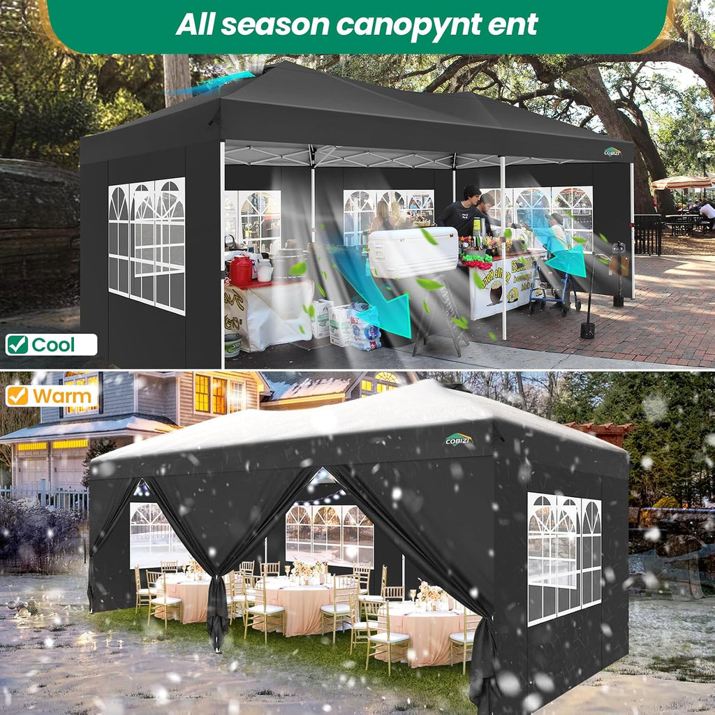 COBIZI Canopy 10x20 Pop Up Canopy Tent with 6 Sidewalls, One Push Party Tents for Parties Outdoor Wedding Waterproof Gazebo Commercial Event Tent with Sandbags, Black