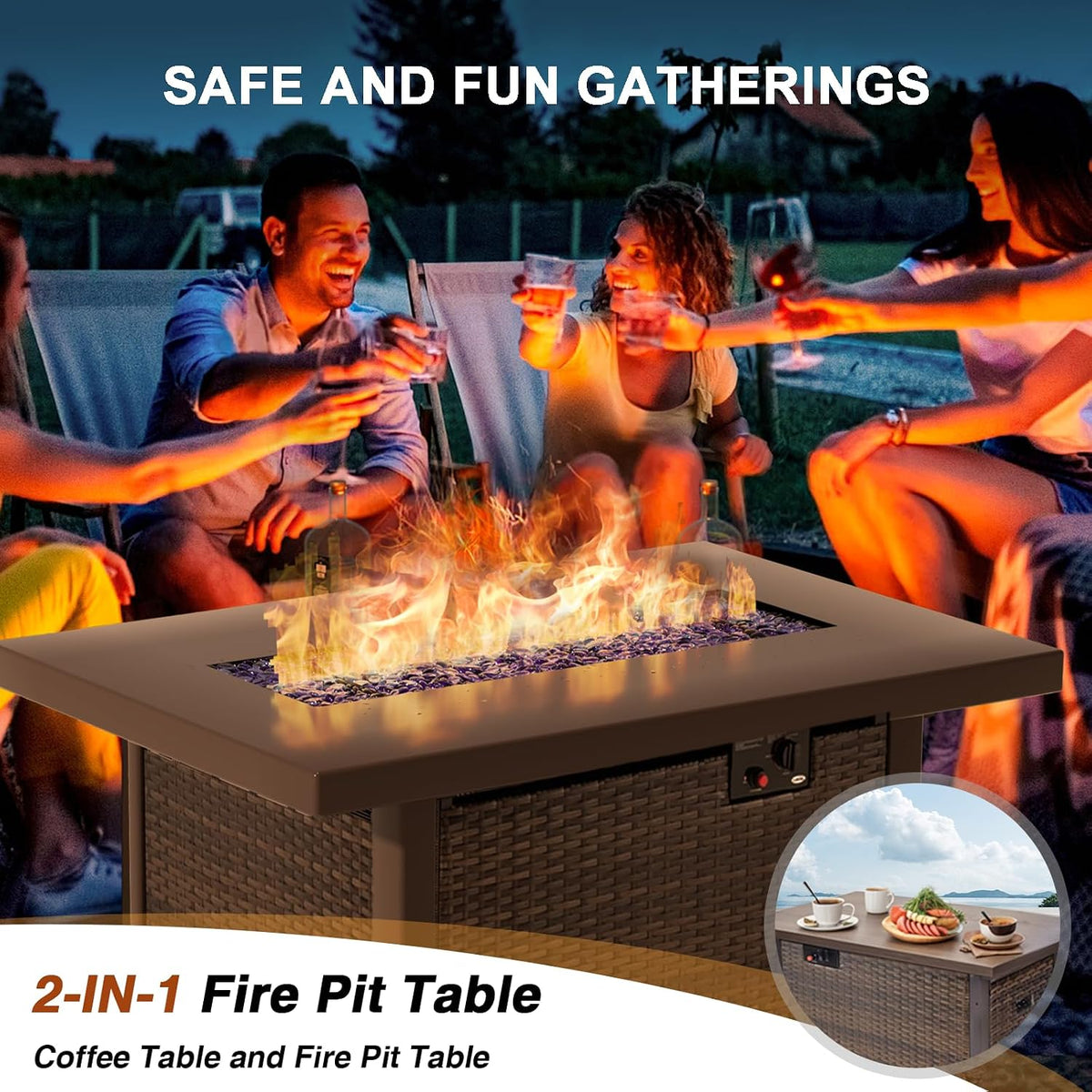 7-Pieces Patio Furniture Sets Outdoor Sectional Sofa with 44'' Propane Rattan Wicker Firepit Table, Patio Sectional Conversation Set with Cushions for Backyard, Poolside, Garden Grey