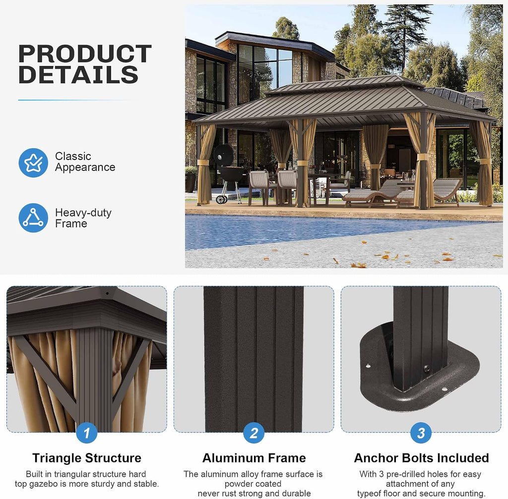 12×22 ft Outdoor Gazebo with Double-Layered Galvanized Steel roof, Hard-top Canopy Featuring Curtains and mesh Panels, Suitable for patios, Gardens, Decks, lawns, and backyards.