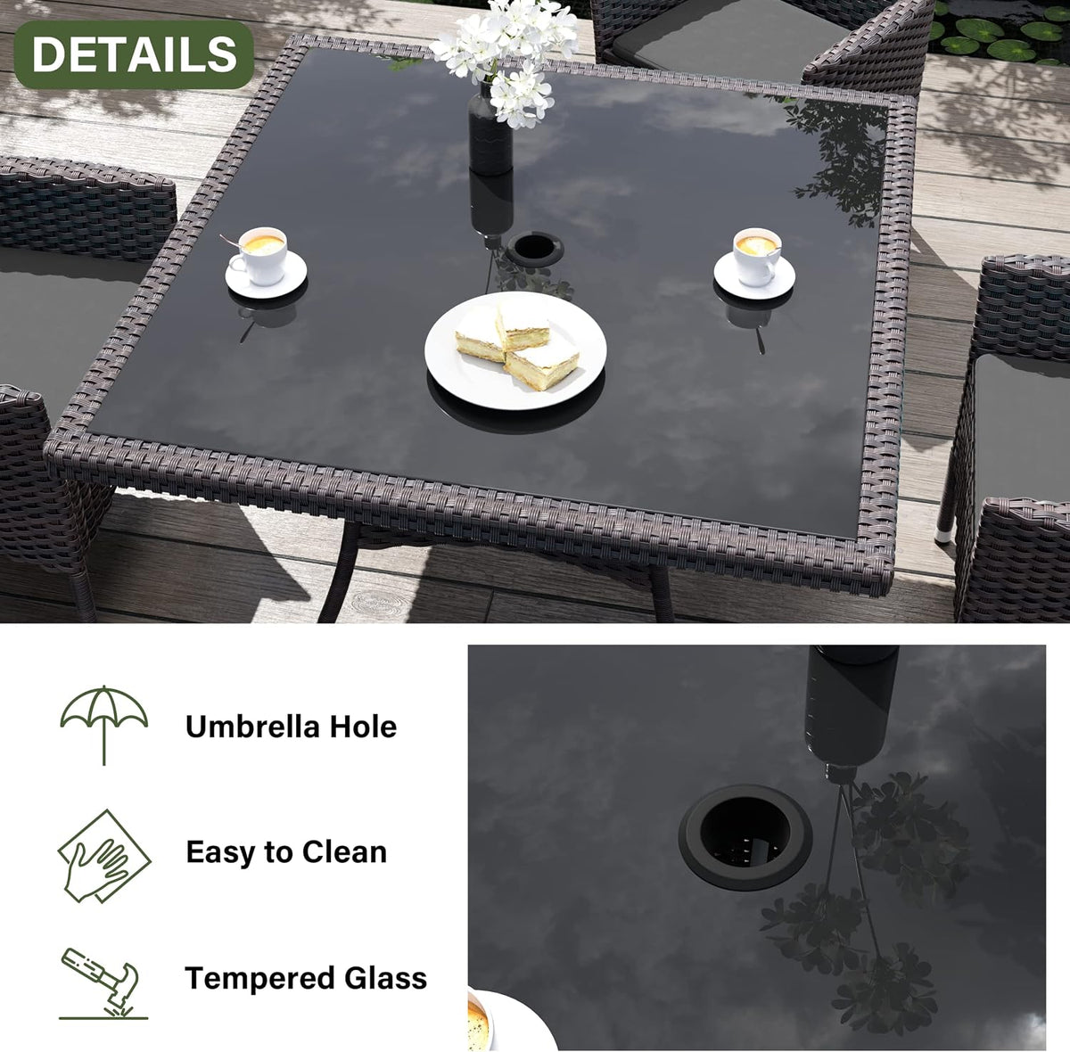 Kurapika 5-Piece Patio Furniture Outdoor Dining Set, Wicker Rattan Patio Dining Table and 4 Chairs Set, Square Tempered Glass Tabletop with Umbrella Hole, for Patio, Backyard, Grey