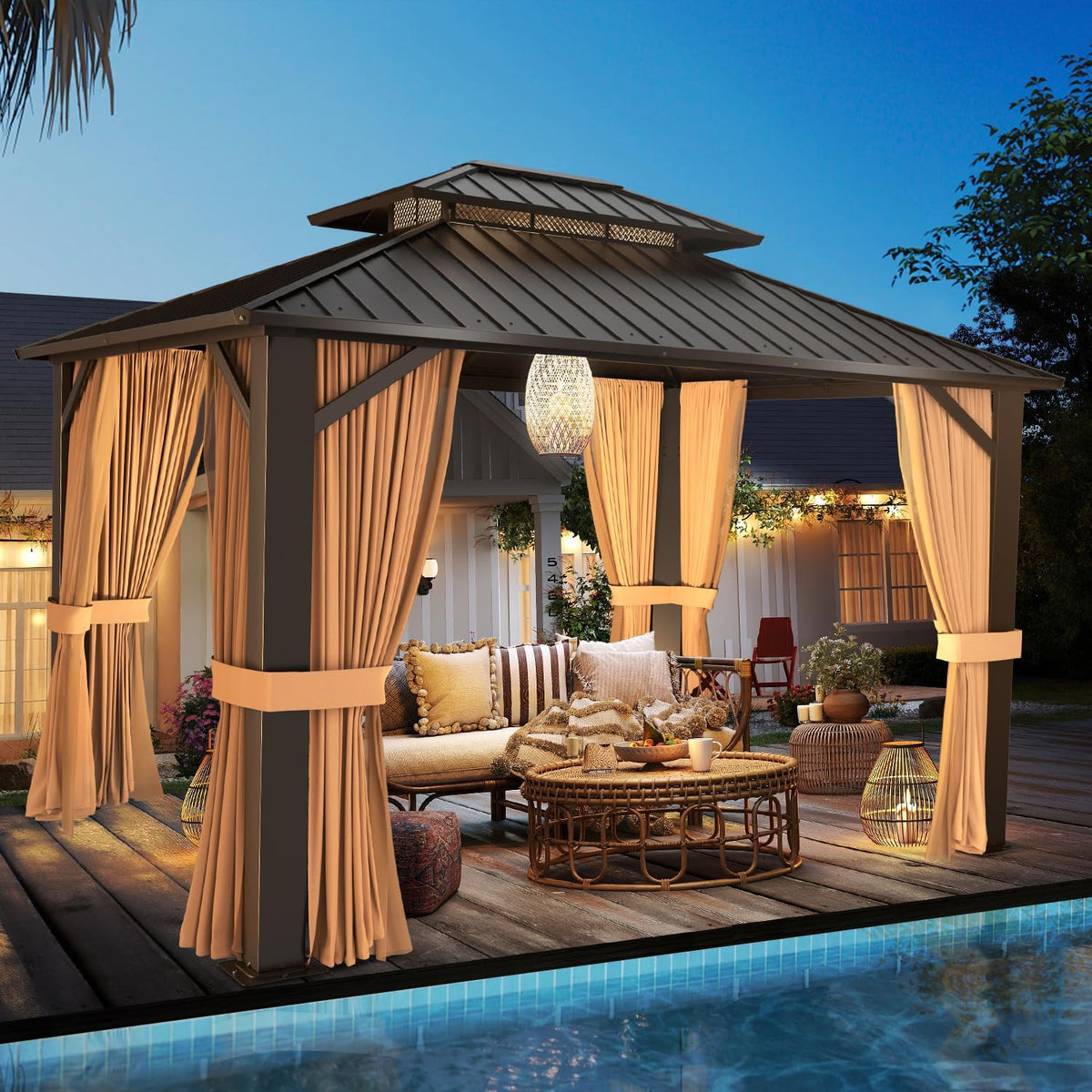 10'x12' Hardtop Gazebo, Galvanized Steel Double Roof Canopy with Aluminum Frame, Outdoor Pavilion with Nettings and Curtains
