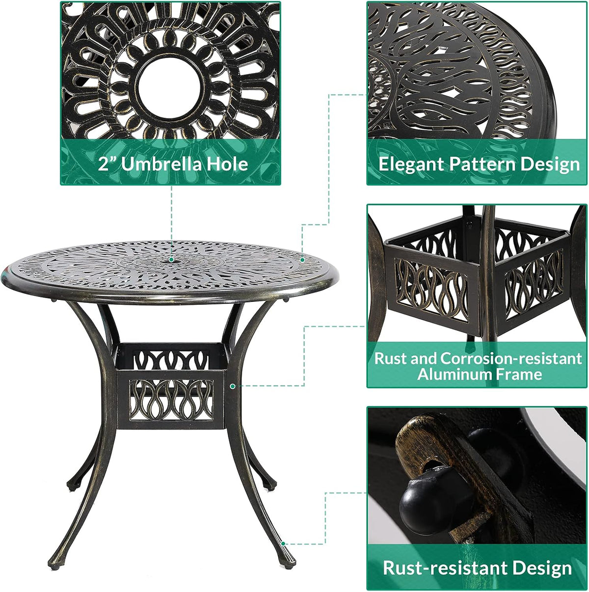 VIVIJASON 5-Piece Outdoor Patio Dining Set, All-Weather Cast Aluminum Conversation Set, Patio Furniture Set for Balcony Lawn Garden, Include 4 Cushioned Chairs, a 35.4 inch Round Table w/Umbrella Hole
