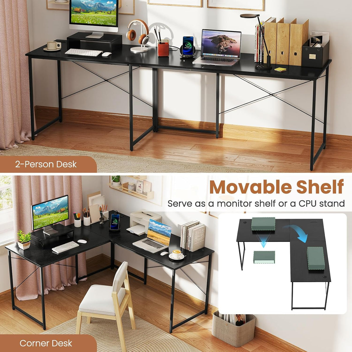 Tangkula L-Shaped Computer Desk with Power Outlets, 95' Long 2-Person Desk with Monitor Shelf, Modern Corner Desk Gaming Table with USB Ports for Home Office