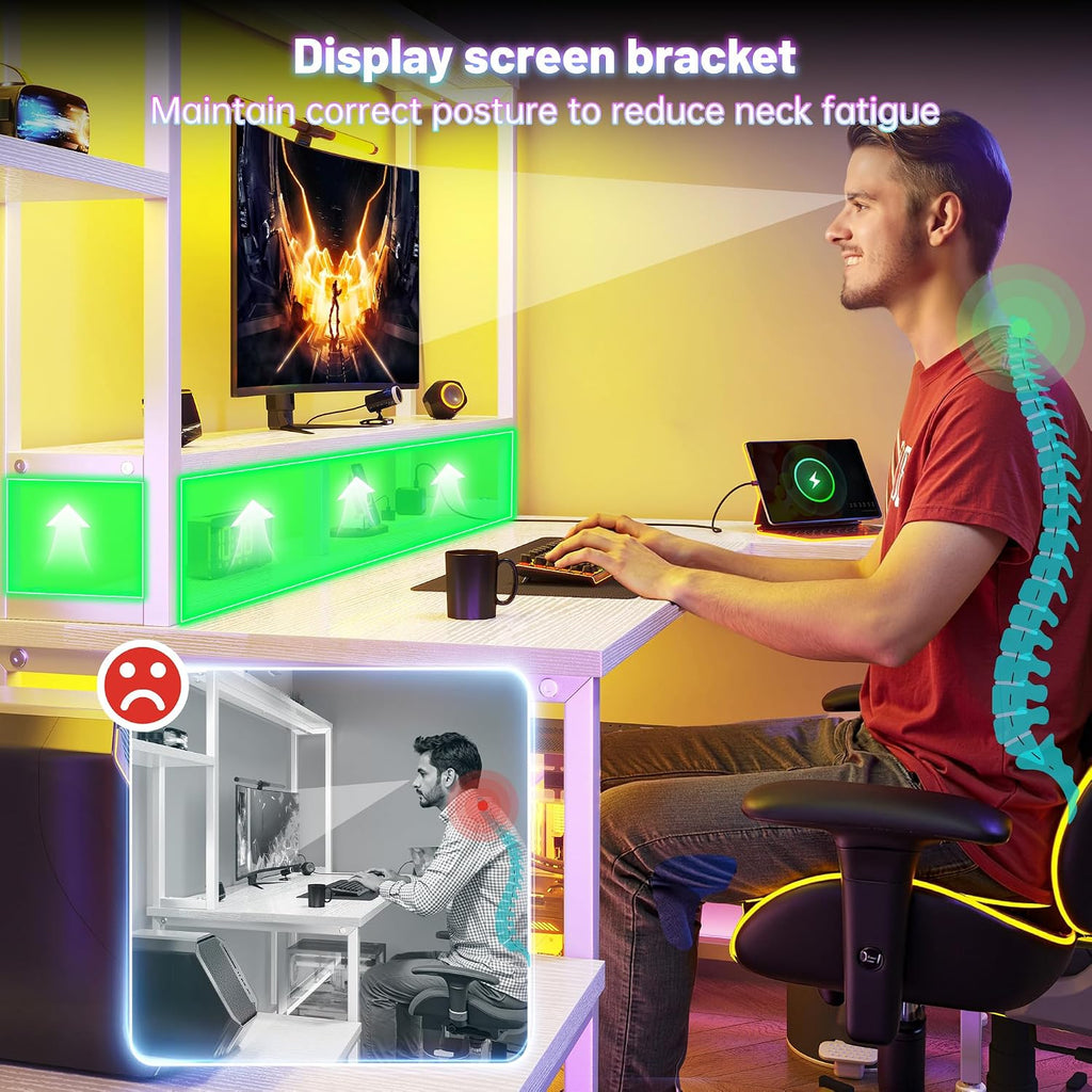 L Shaped Gaming Desk with LED Lights & Outlets,55' Computer Desk with Shelves & Storage Hutch,Reversible Corner Gaming Table with Printer Space & Monitor Stand for Game Room,Home Office,White