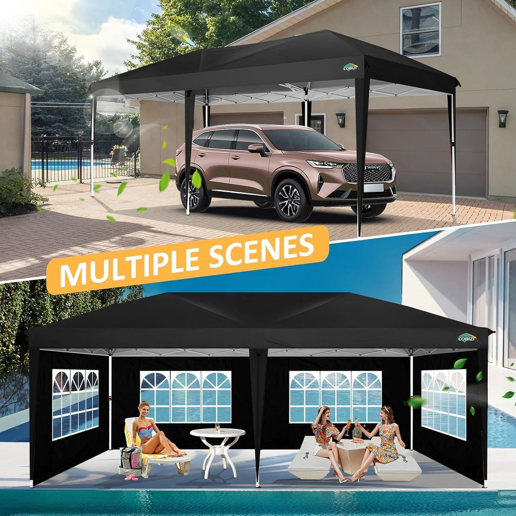 COBIZI 10x20 Pop up Canopy Tent Without Sidewall, Waterproof Portable Outdoor Canopy 10x20 Instant Shelter Tent for Parties, Wedding, Backyard, Carport with Carry Bag & 4 Sandbags(Black)