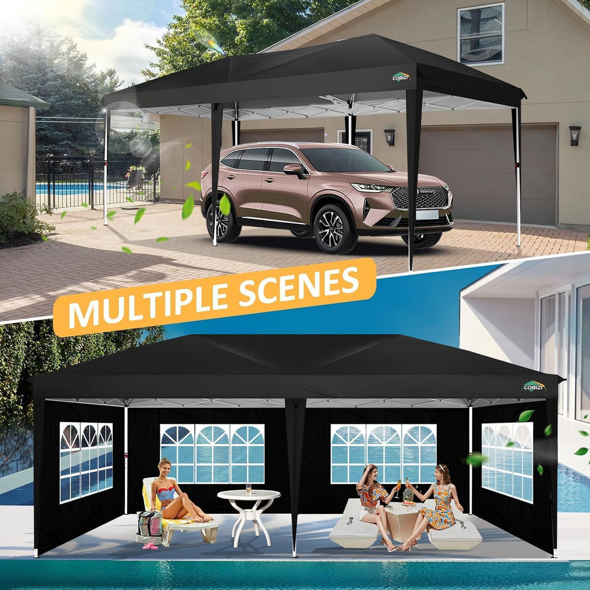COBIZI 10x20 Pop up Canopy Tent Without Sidewall, Waterproof Portable Outdoor Canopy 10x20 Instant Shelter Tent for Parties, Wedding, Backyard, Carport with Carry Bag & 4 Sandbags(Black)