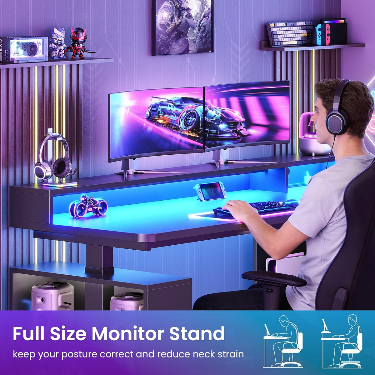 SEDETA L Shaped Gaming Standing Desk, 63 inch Height Adjustable Office Executive Desk with Storage Shelves and Monitor Stand, Computer Gaming Desk with Power Outlet, LED Lights for Home Office, Black
