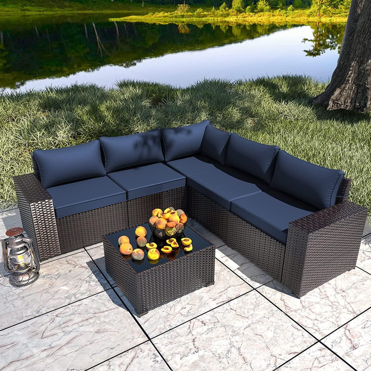 6 PCS Outdoor Patio Furniture Set,Outdoor Sectional Furniture All Weather PE Rattan Wicker Patio Conversation Set with Coffee Table and 5 Thickened Cushions,Navy Blue