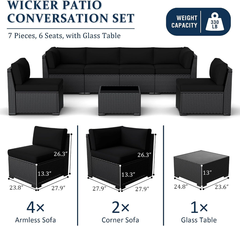 Patio Furniture Set, 7 Pieces Outdoor Sectional Sofa Set with Waterproof Cover, Black PE Wicker Rattan Slanted Back Outdoor Conversation Set with Cushions and Glass Coffee Table, Black