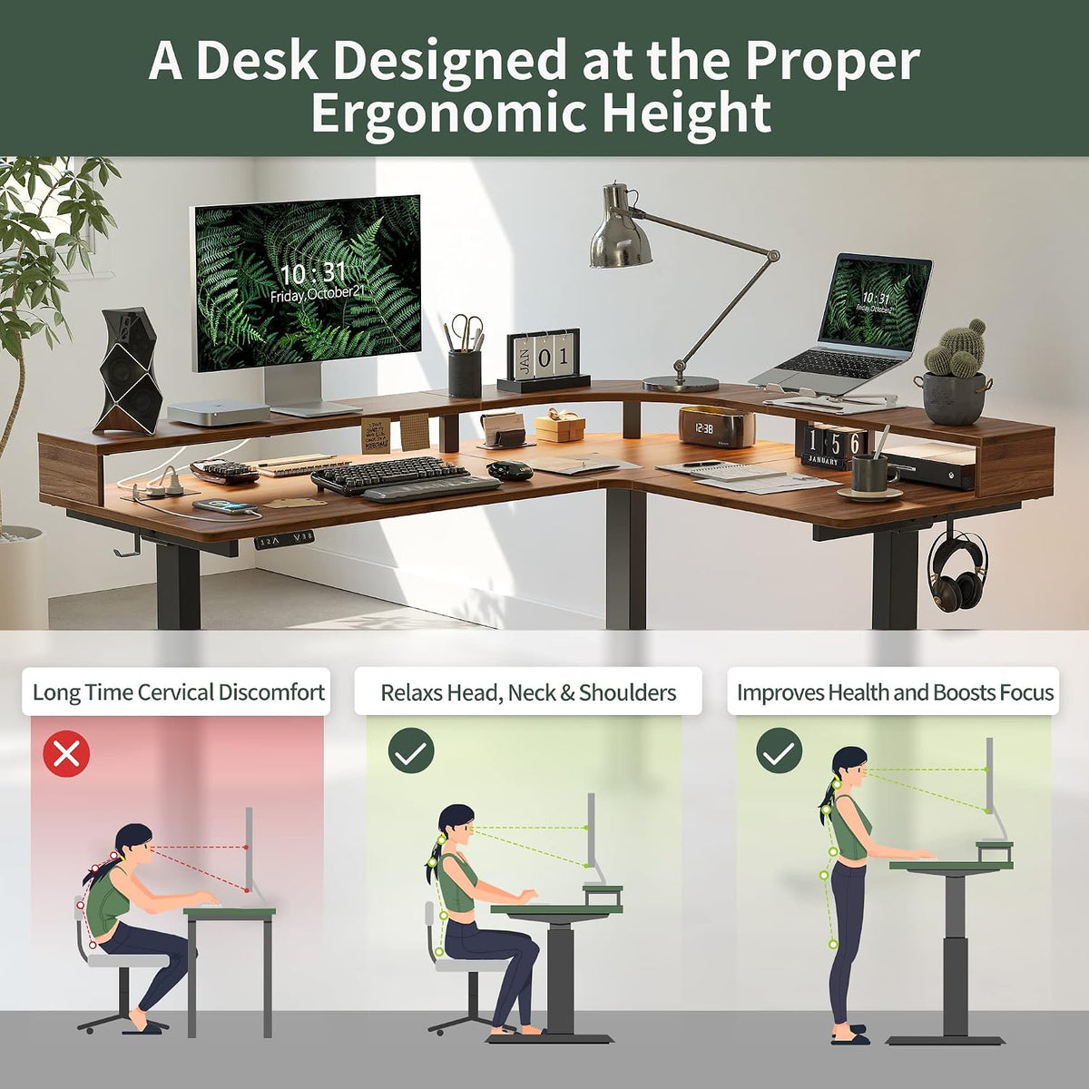 FEZIBO L Shaped Standing Desk with Arc LED & Power Outlet, Exclusive Uprated 3 Motors Support 330LBS, Electric Height Adjustable L Shaped Desk with Large Monitor Stand, for Gaming Office, Black Walnut