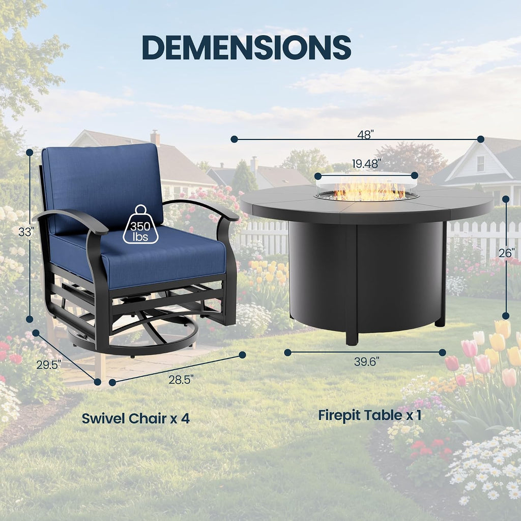 Aluminum Outdoor Patio Furniture Set,5 Pieces 4 Seats Patio Conversation Sets with 48' Round Propane Fire Pit Table,Metal Furniture Set with Thick Cushion,Navy Blue