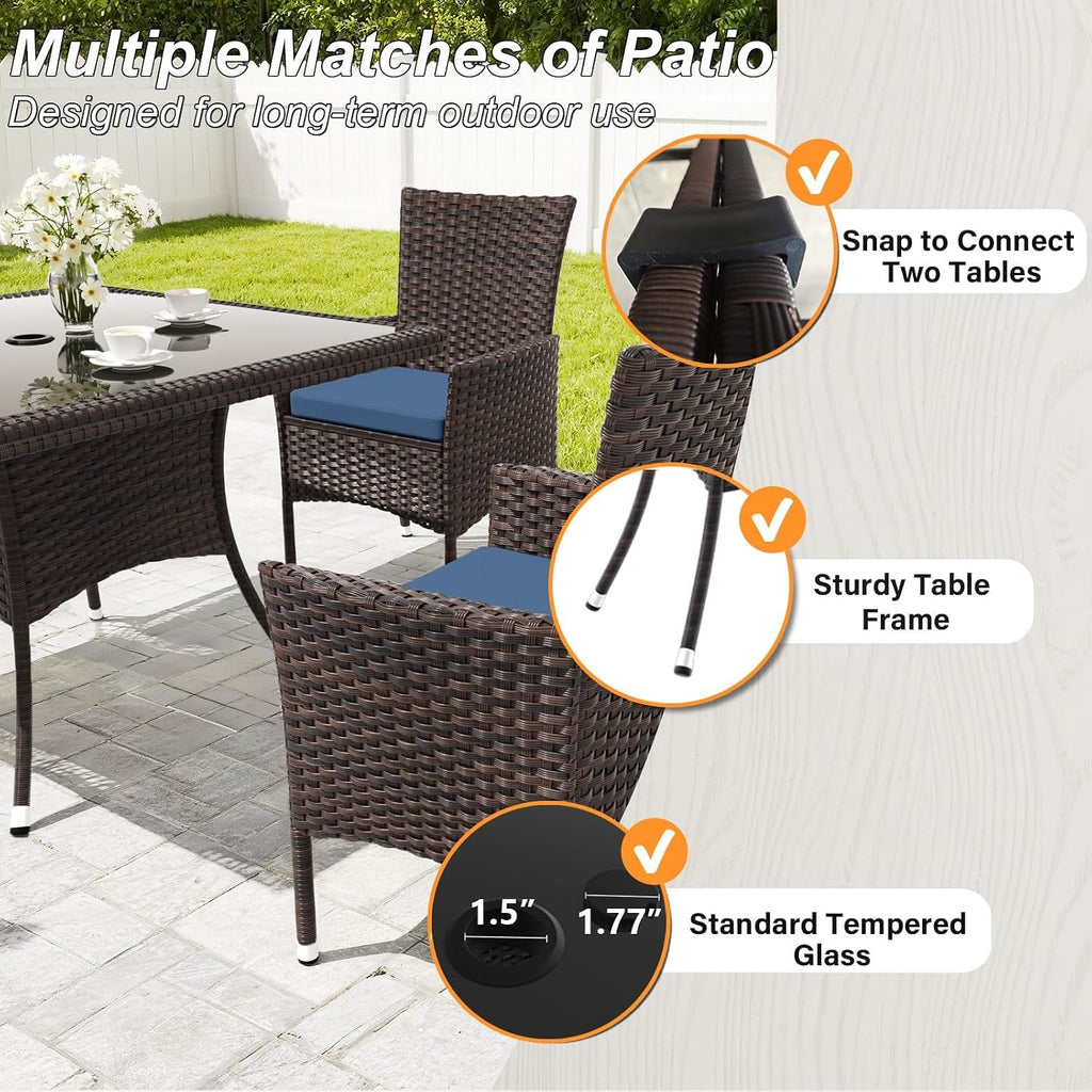Gotland 5 Piece Outdoor Dining Set, All-Weather Rattan Patio Furniture Set with Umbrella Hole Tempered Glass Square Table, Outdoor Table and Chairs with Removable Cushions for Backyard, Deck, Navy
