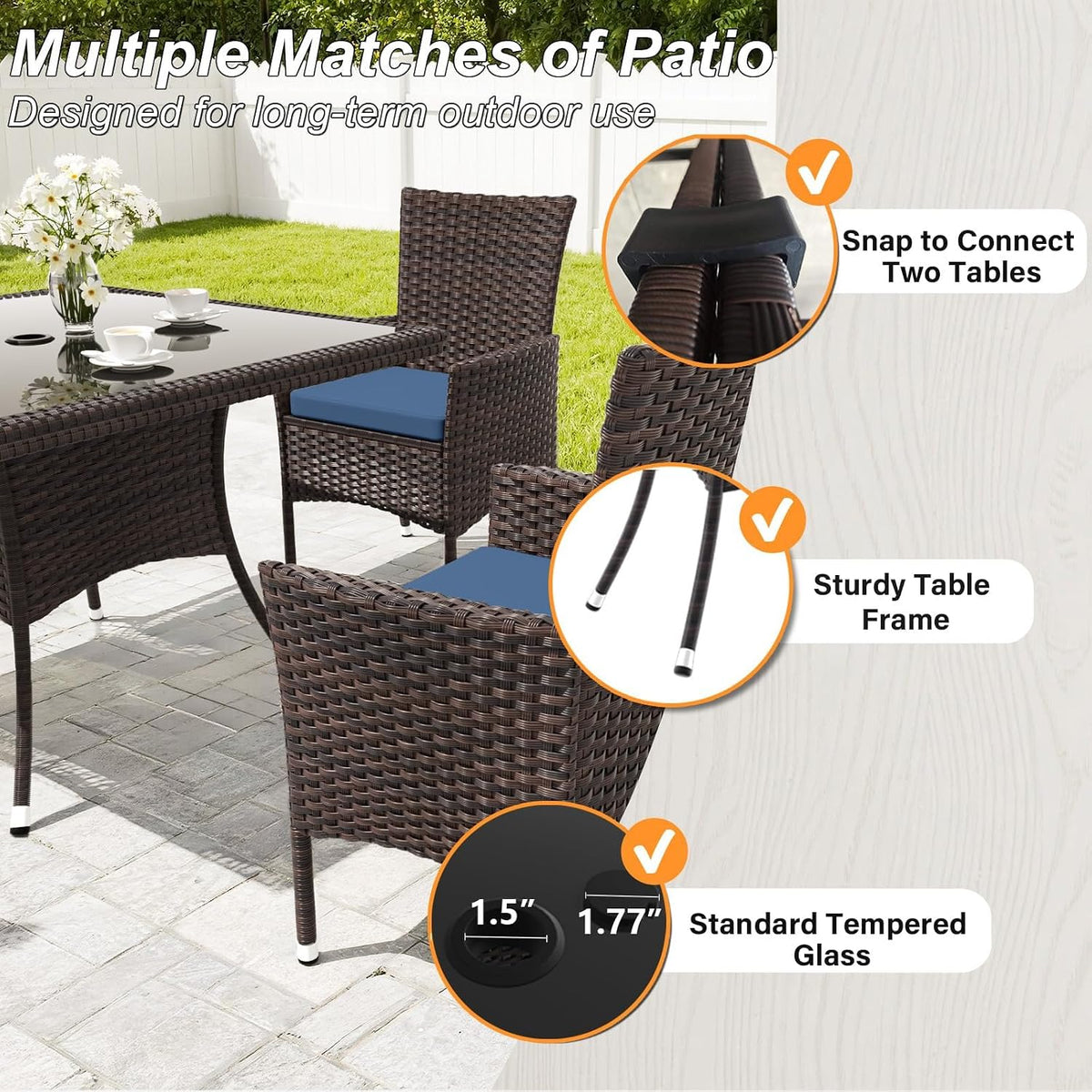 Gotland 5 Piece Outdoor Dining Set, All-Weather Rattan Patio Furniture Set with Umbrella Hole Tempered Glass Square Table, Outdoor Table and Chairs with Removable Cushions for Backyard, Deck, Navy