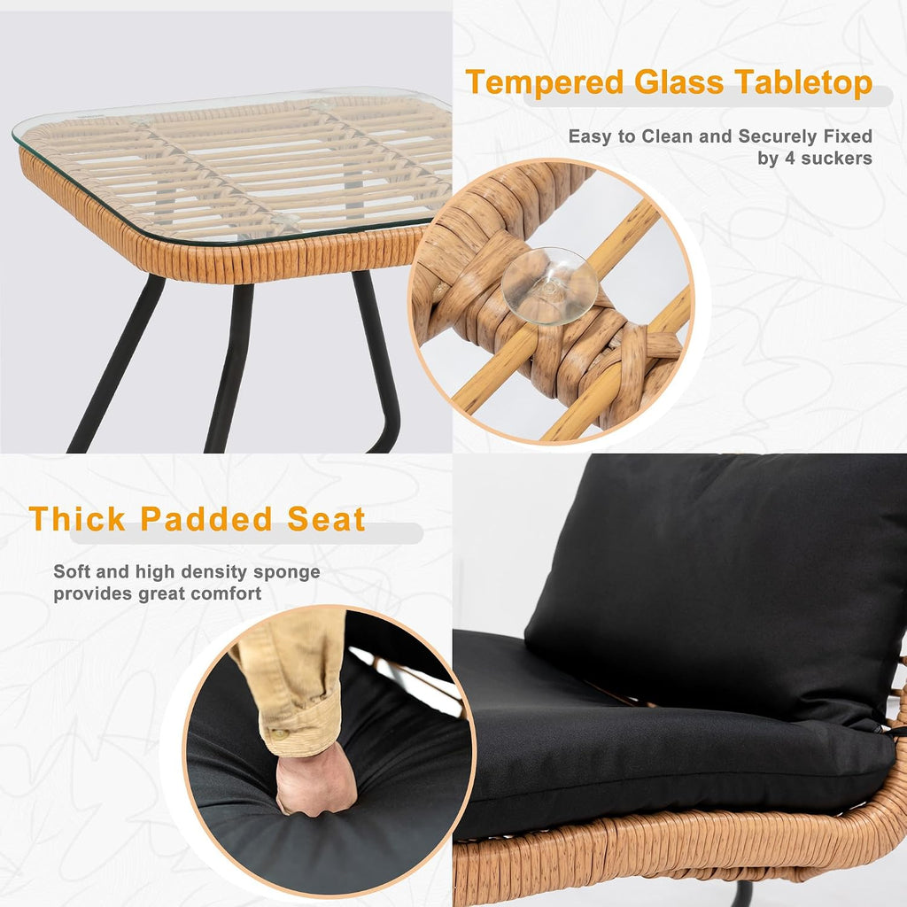 Tappio 3 Piece Outdoor Wicker Furniture Patio Bistro Set, Balcony Furniture Rattan Conversation Sets with Cushions, Wicker Patio Chairs Patio Furniture Set for Outdoor Poolside Garden