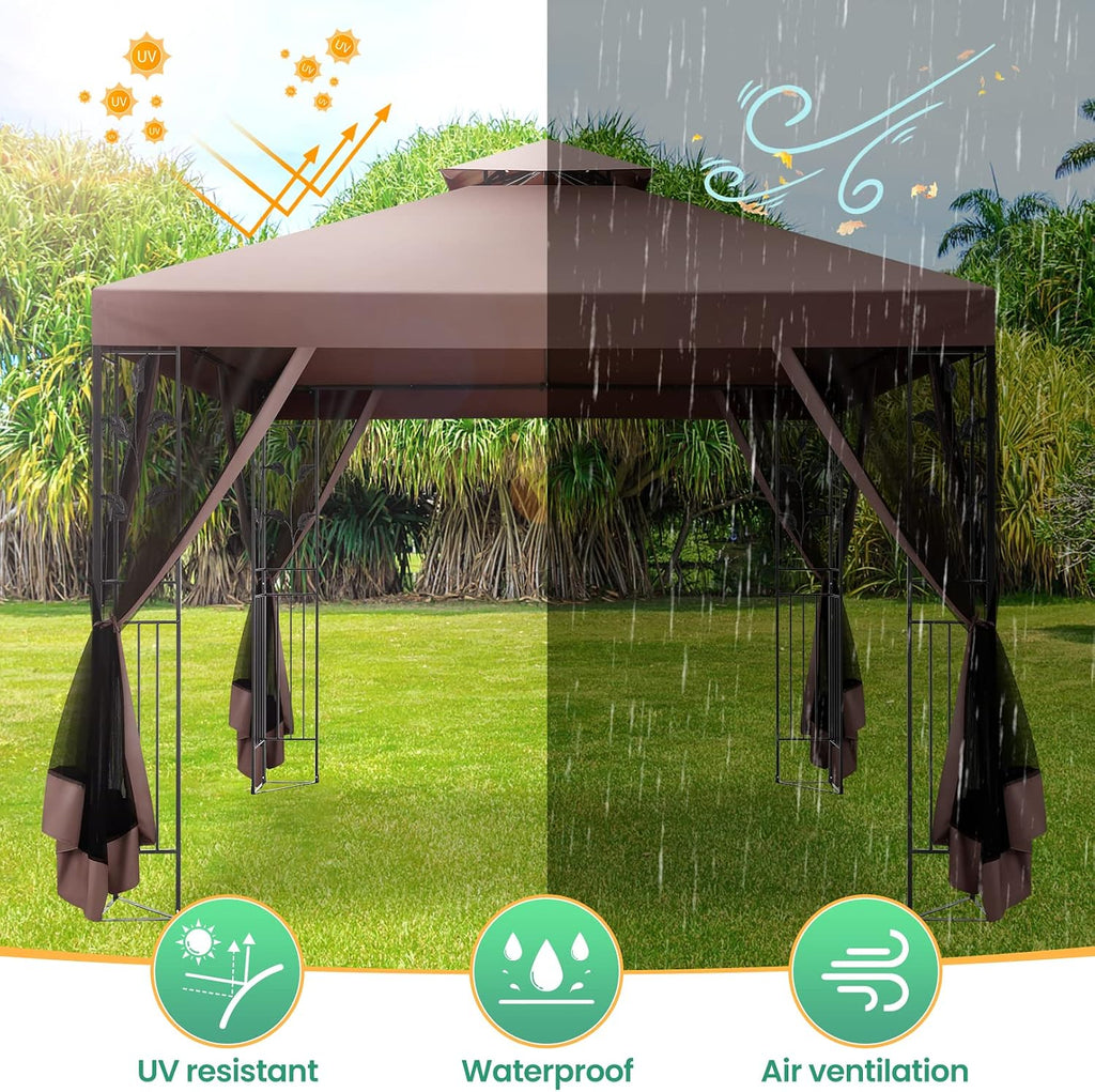 COBIZI Gazebo 10x10 Heavy Duty Gazebo with Improved Nettings Outdoor Gazebo Canopy Double Roof Patio Gazebo with Metal Steel Frame Gazebo Tent for Patio, Deck, Backyard (Brown, Nettings, New Model)