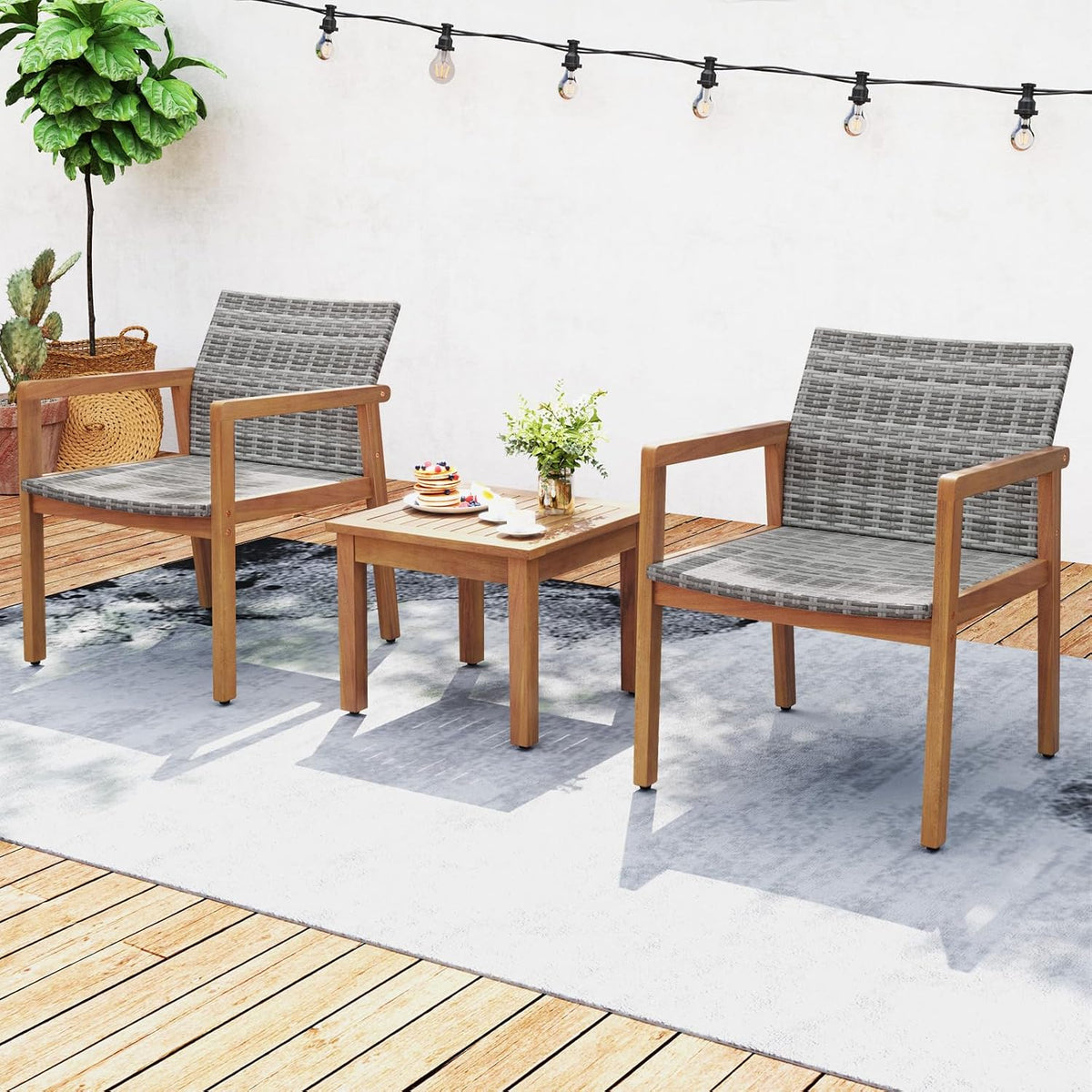 HAPPYGRILL 3 Pieces Patio Furniture Set, PE Rattan Patio Bistro Set with Chairs & Coffee Table, Outdoor Acacia Wood Conversation Set for Garden, Backyard, Poolside & Porch