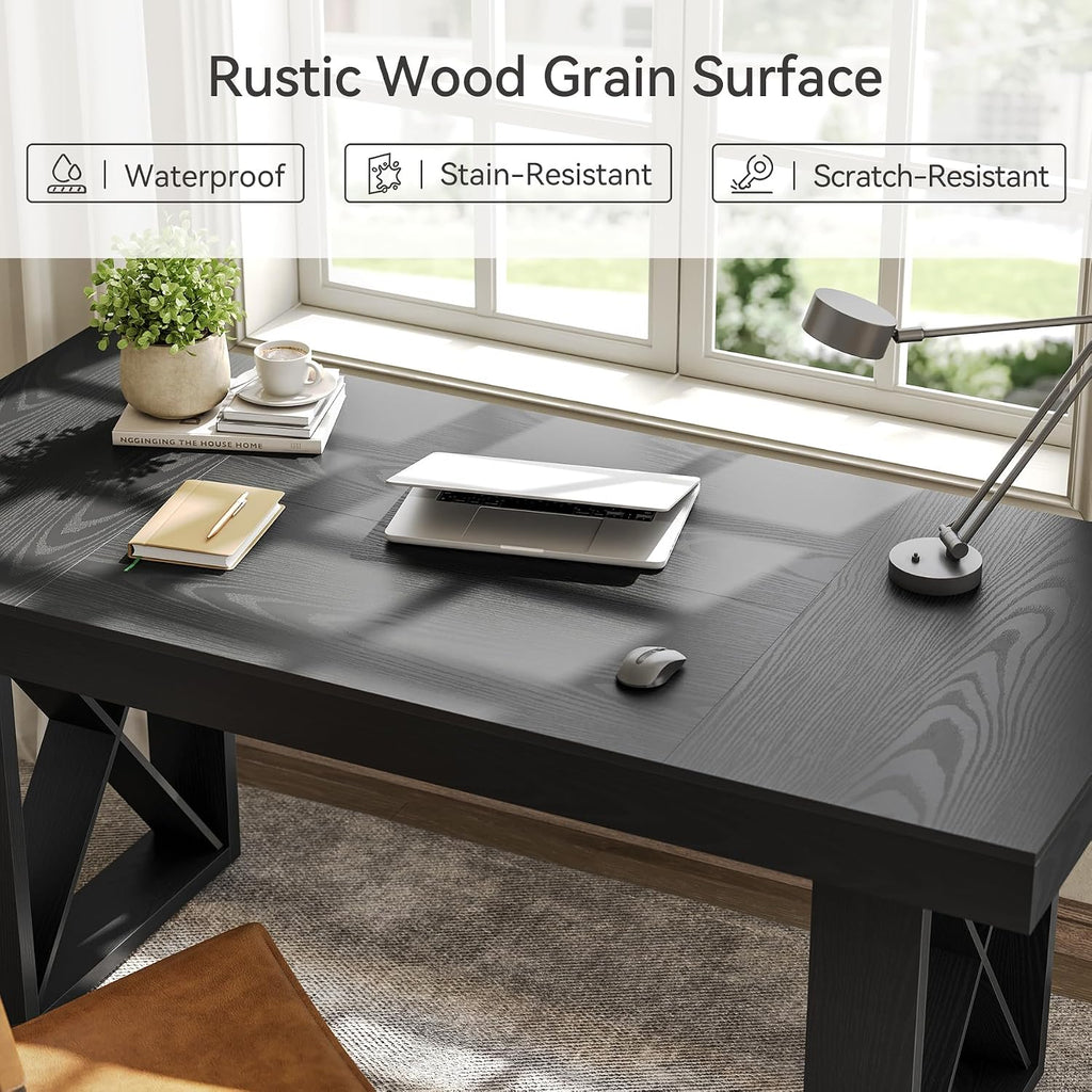 LITTLE TREE 63-Inch Long Computer Desk, Simple Wood Thick Appearance Design, Study Writing Gaming Work Executive Desk for Home Office, Black