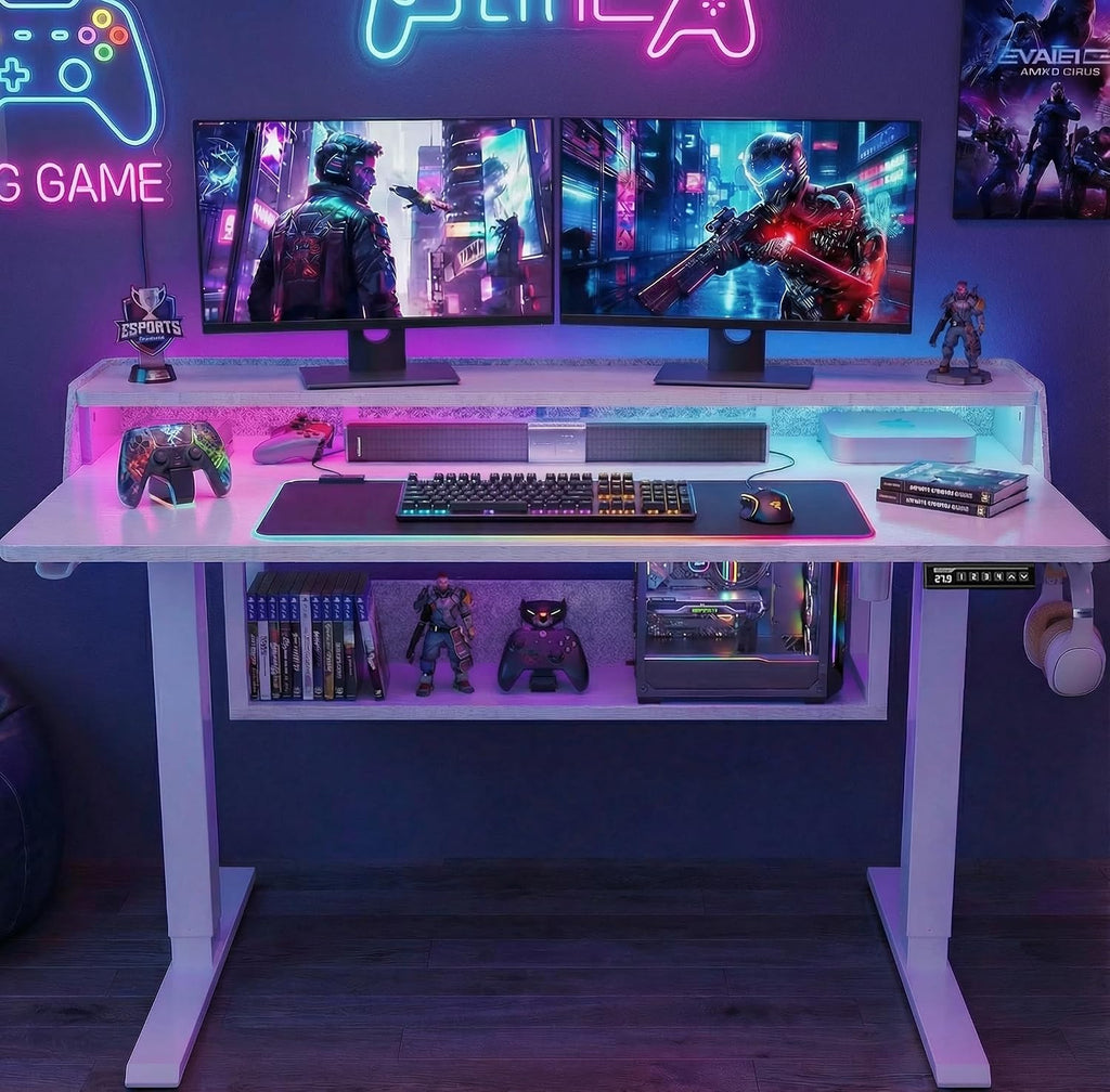 ErGear Electric Standing Desk, 48x24 Inch Adjustable Sit Stand Desk with Bookshelf & Monitor Stand, Standing Gaming Desk with LED Light Strip, Stand Up Desk for Home Office, White