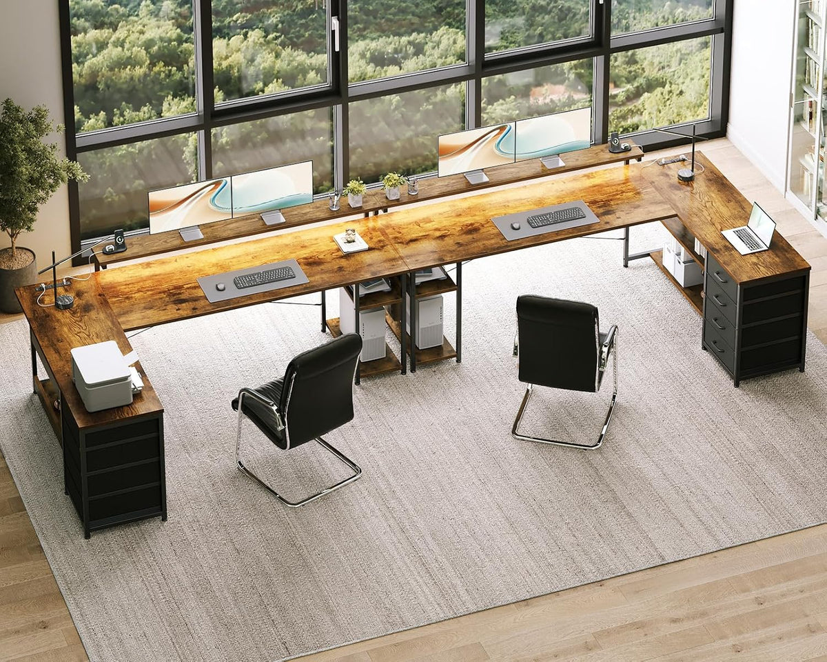AODK 69' L Shaped Desk with Drawer, Computer Desk with Power Outlets & LED Lights, Reversible Corner Gaming Desks for Home Office Workstation, Office Table with Monitor Shelf, Vintage