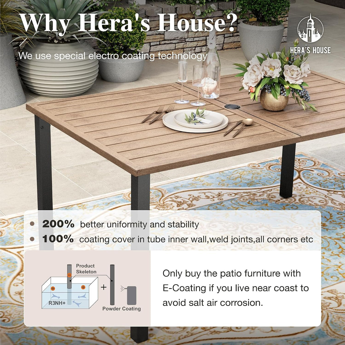 HERA'S HOUSE Patio Table and Chairs Set 7 Pieces, Wood-Like Outdoor Metal Dining Furniture Sets for Backyard Lawn Deck
