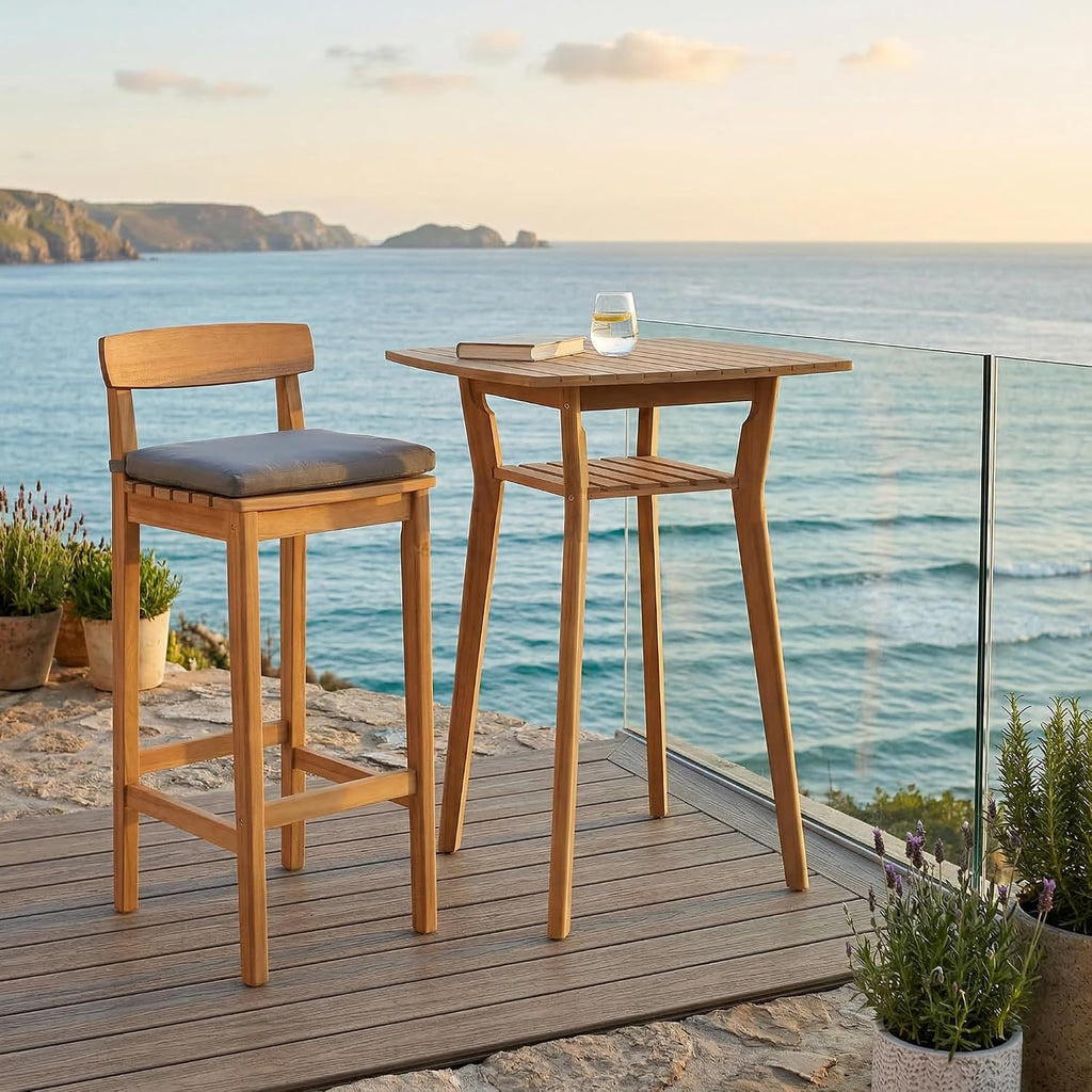 Patio Bar Stools Set of 2, Solid Acacia Wood Patio Barstools with Footrest, 28.5' Counter Height Outdoor Bar Stools, High Top Patio Bar Chairs for Balcony/Deck/Kitchen Island/Bistro, Grey