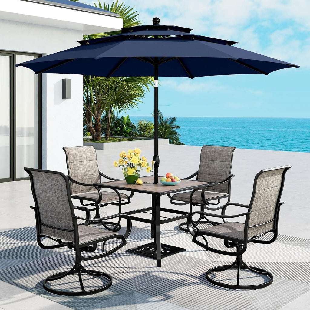MFSTUDIO Patio Dining Set for 4, Outdoor Furniture Set with Navy Umbrella (Base not Included), Wood-Like Square Table and 4 Swivel Chairs for Patio, Deck, Backyard, Garden