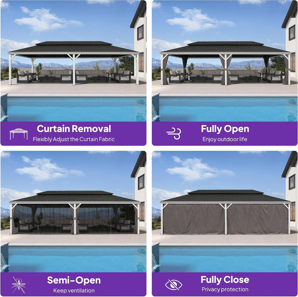 PURPLE LEAF 14' X 28' Hardtop Gazebo with Double Galvanized Steel Roof Awning and Upgrade Curtain for Patio Lawn and Garden, Grey