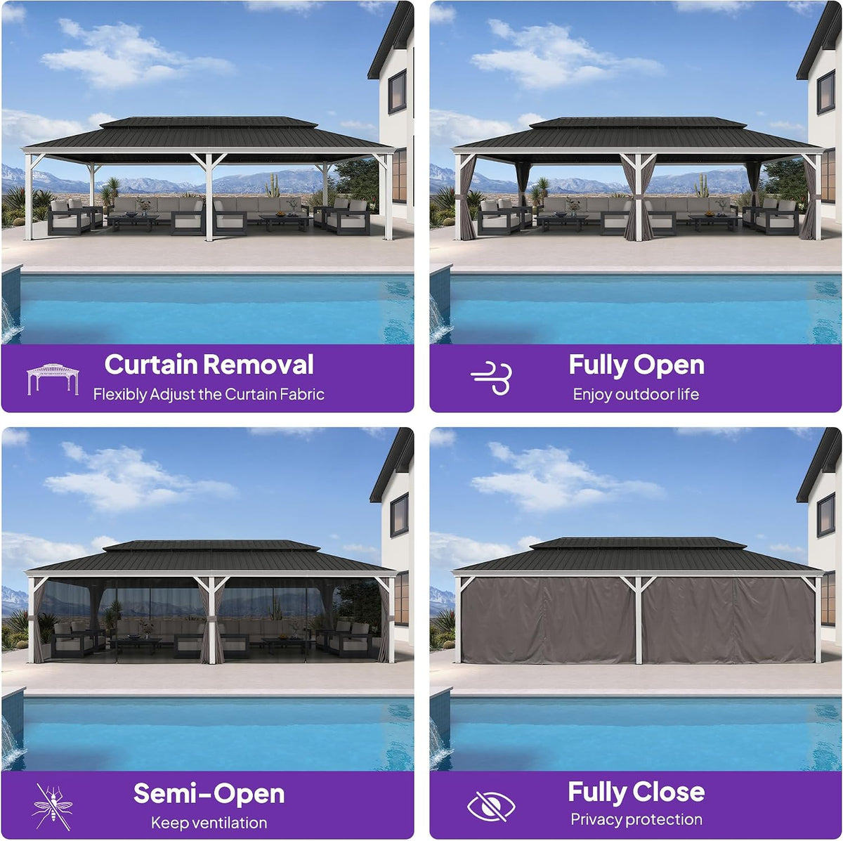 PURPLE LEAF 14' X 28' Hardtop Gazebo with Double Galvanized Steel Roof Awning and Upgrade Curtain for Patio Lawn and Garden, Grey