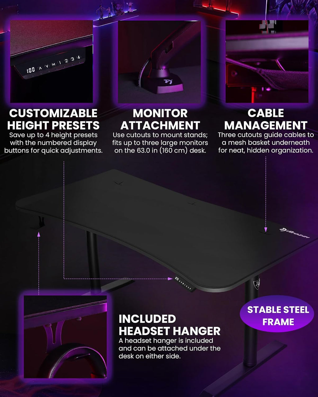 Arozzi Arena Moto Gamer Desk - 63x32' Electric Standing PC Gaming Desk with Storage for Cables - Dual Motor Steel Frame & Full-Surface Washable Mousepad - Pure Black