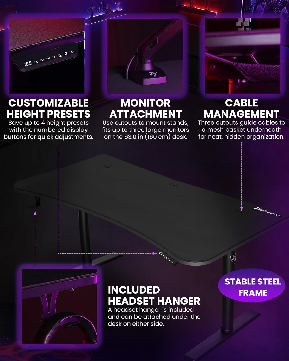 Arozzi Arena Moto Gamer Desk - 63x32' Electric Standing PC Gaming Desk with Storage for Cables - Dual Motor Steel Frame & Full-Surface Washable Mousepad - Pure Black