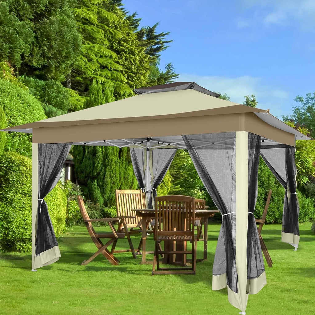 COBIZI 12x12 Pop Up Gazebo On Clearance - Upgrade Easy Up Metal Outdoor Canopy Waterproof - Portable Gazebo with Mosquito Nettings, 4 Ropes 8 Stakes and Carry Bag for Patio Garden(Khaki)