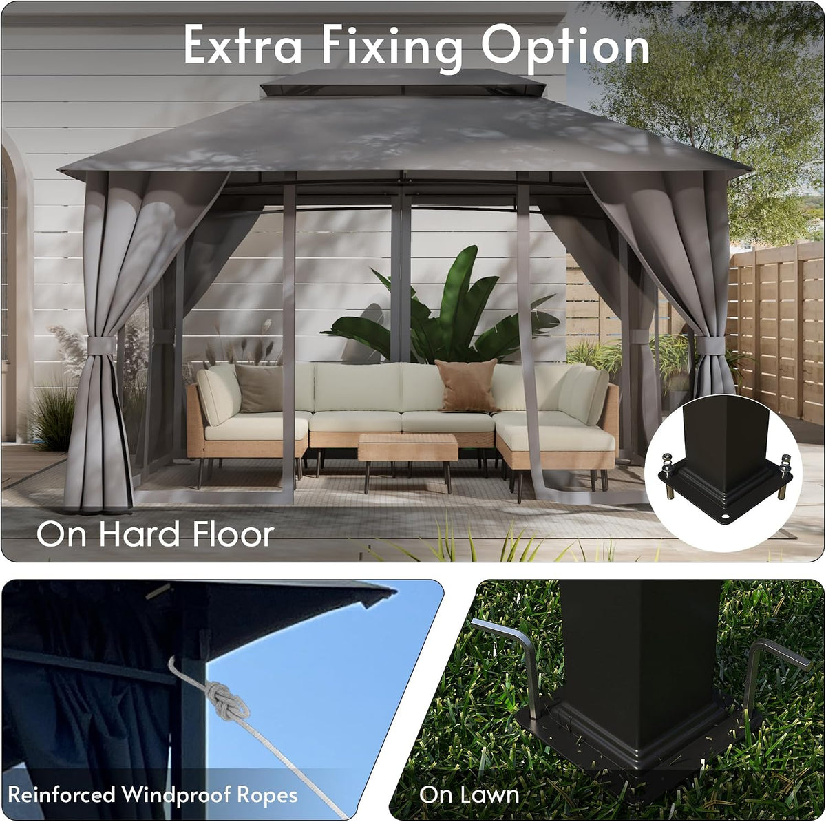 Gazebo 10x13(Canopy Size) with Mosquito Netting & Privacy Screens. Double Roof Design Outdoor Gazebo with Powder-Coated Metal Frame for Patio, Deck, Backyard, Garden & Lawns