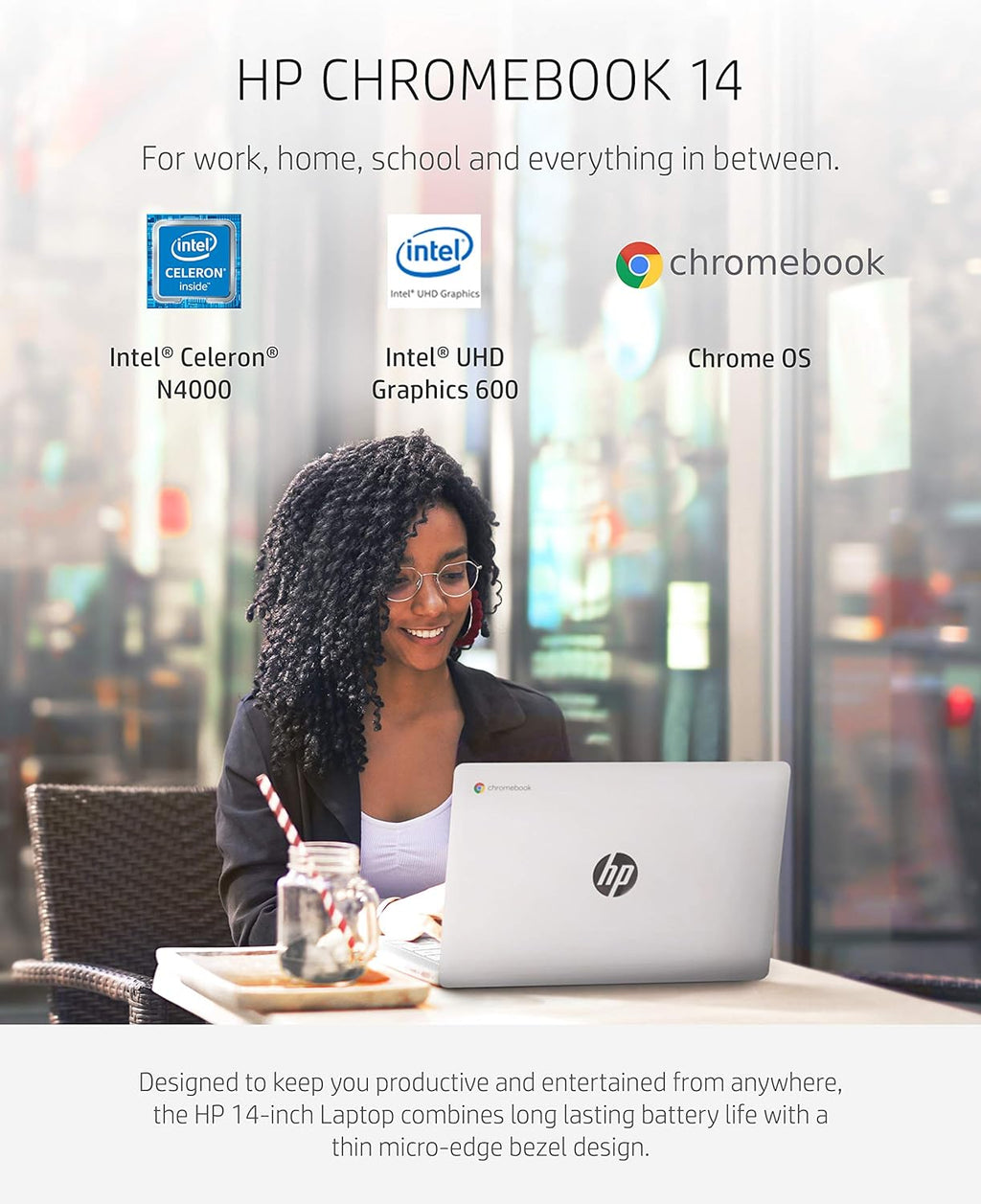 HP Chromebook 14 Laptop, Intel Celeron N4000 Processor, 4 GB RAM, 32 GB eMMC, 14' HD Display, Chrome, Lightweight Computer with Webcam and Dual Mics, Home, School, Music, Movies (14a-na0021nr, 2021)