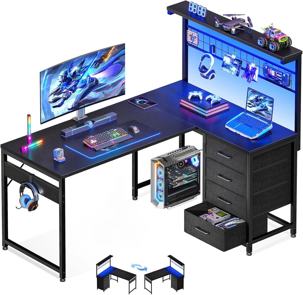 MOTPK 43' L Shaped Gaming Desk for Small Rooms, Compact Corner Computer Table with Shelf & Hutch, 4 Drawers, Reversible Study Desk with LED Light, Home Office Table, Black