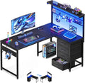 MOTPK 43' L Shaped Gaming Desk for Small Rooms, Compact Corner Computer Table with Shelf & Hutch, 4 Drawers, Reversible Study Desk with LED Light, Home Office Table, Black
