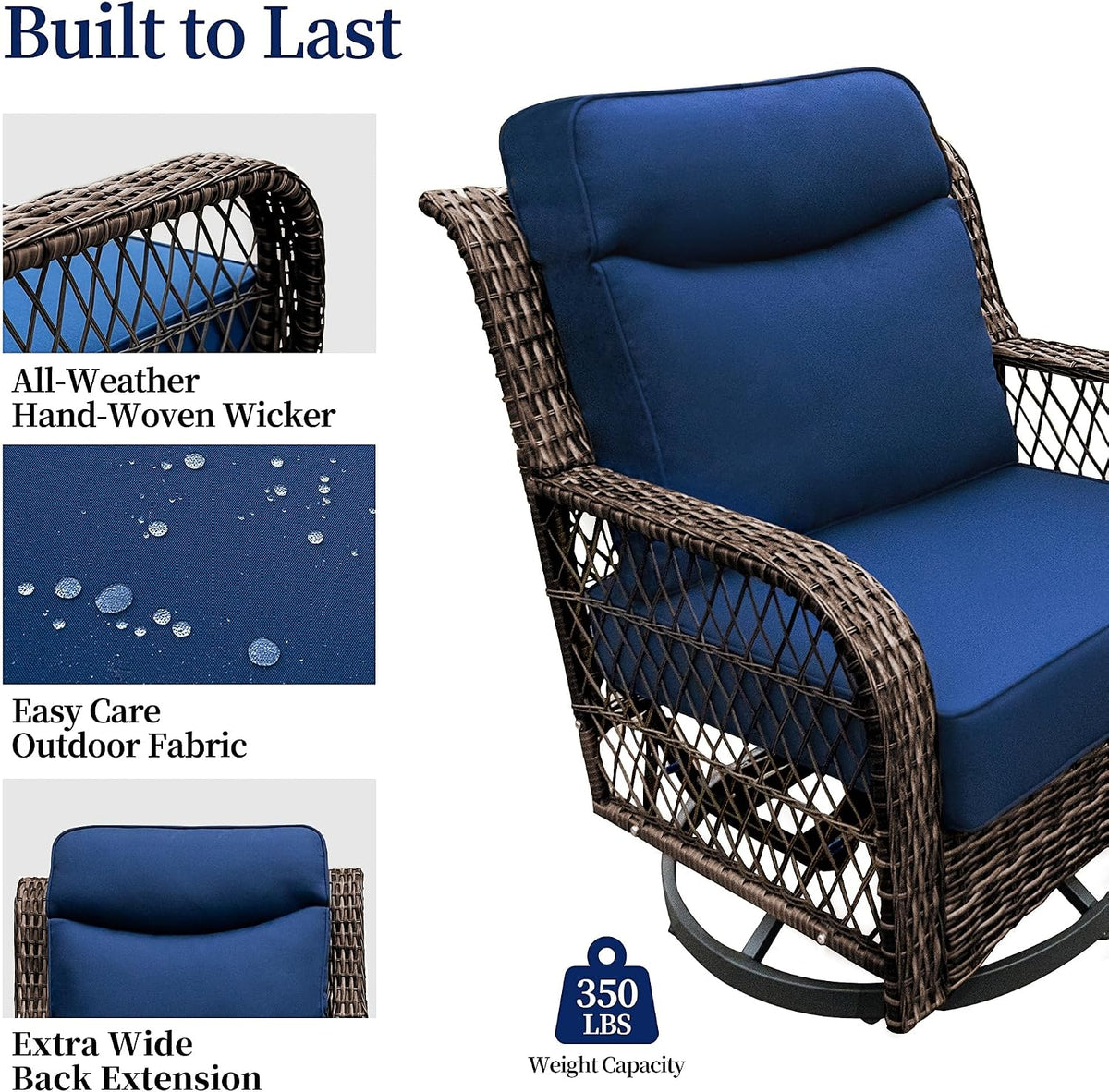 PIZZELLO Patio Bistro Set 6 Piece Wicker Rocking Chairs Sets Outdoor Swivel Chair Furniture Set with Rattan Side Table, 5' Thick Cushion Glide Rocker for Outside Porch Deck Garden Backyard