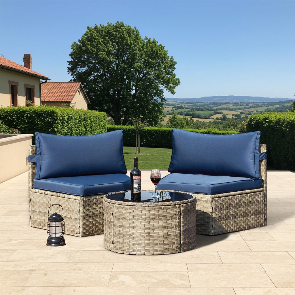 ECOTOUGE Curved Outdoor Sectional Sofa, 3 Piece Half-Moon Rattan Patio Furniture Set, Wicker Conversation Sets with Tempered Glass Round Coffee Table for Pool Backyard Patio Garden(Blue)