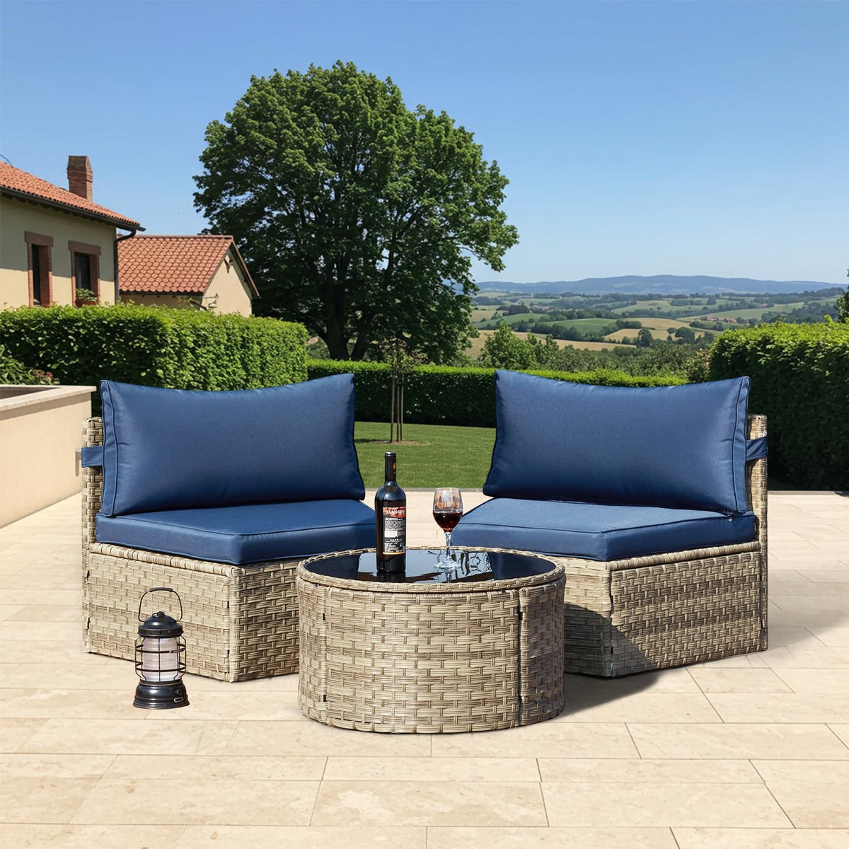 ECOTOUGE Curved Outdoor Sectional Sofa, 3 Piece Half-Moon Rattan Patio Furniture Set, Wicker Conversation Sets with Tempered Glass Round Coffee Table for Pool Backyard Patio Garden(Blue)