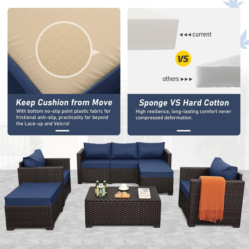 Rattan Star 6 Pieces Patio Outdoor Furniture Conversation Sets Patio Wicker Sofa Set with Outdoor Couch Patio Chairs and Storage Table Non-Slip Cushions Waterproof Covers, Navy Blue