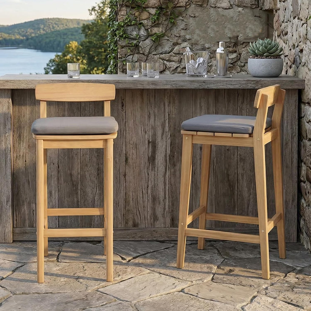 Patio Bar Stools Set of 2, Solid Acacia Wood Patio Barstools with Footrest, 28.5' Counter Height Outdoor Bar Stools, High Top Patio Bar Chairs for Balcony/Deck/Kitchen Island/Bistro, Grey