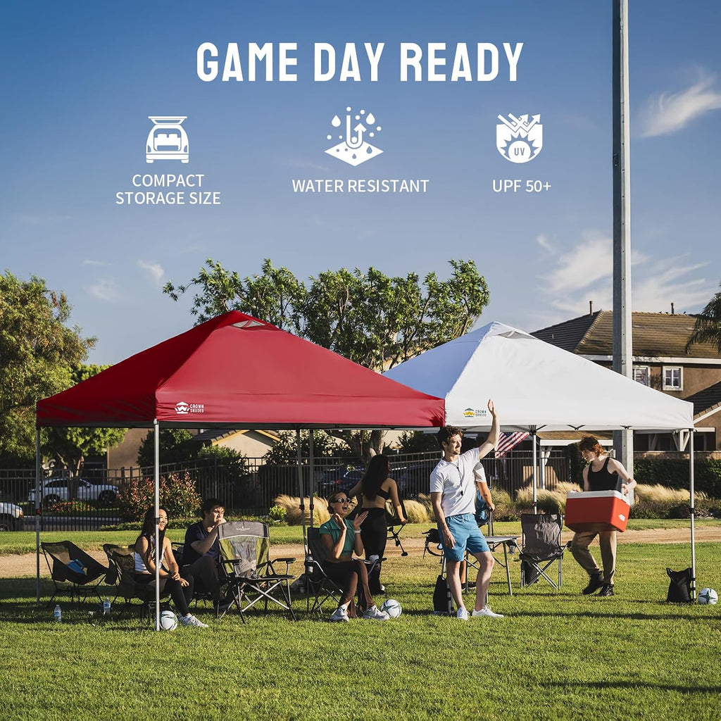 CROWN SHADES 10x10 Pop Up Canopy - Beach Tent with One Push Setup - Easy Outdoor Sun Shade for Events, Parties, Camping - Gazebo with STO-N-Go Cover Bag, Silver Coated Top, Red