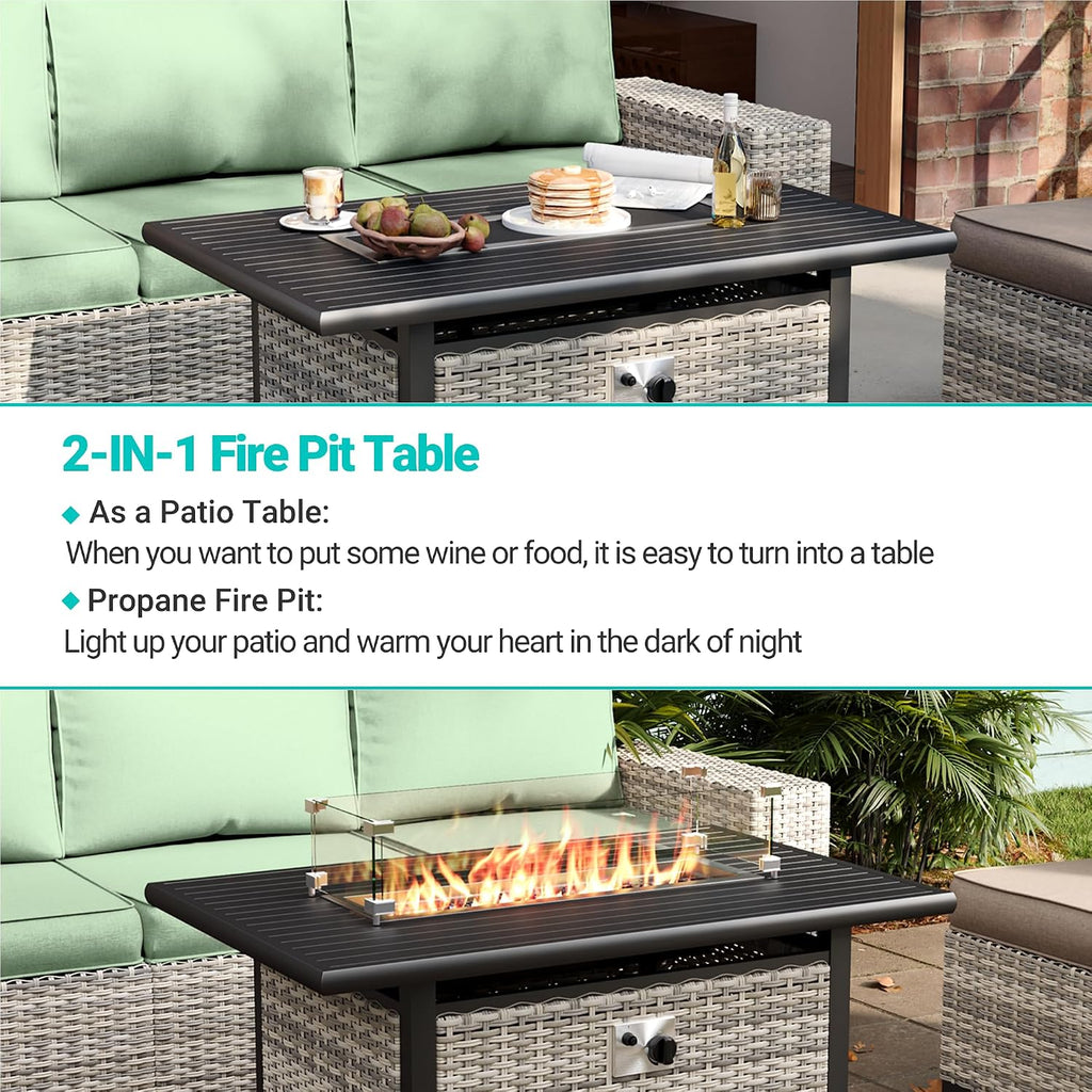 8-Piece Outdoor Patio Furniture Set with 55,000 BTU Fire Pit Table, PE Wicker Rattan Sectional Sofa Conversation Set - All-Weather Garden, Backyard Furniture, Light Green